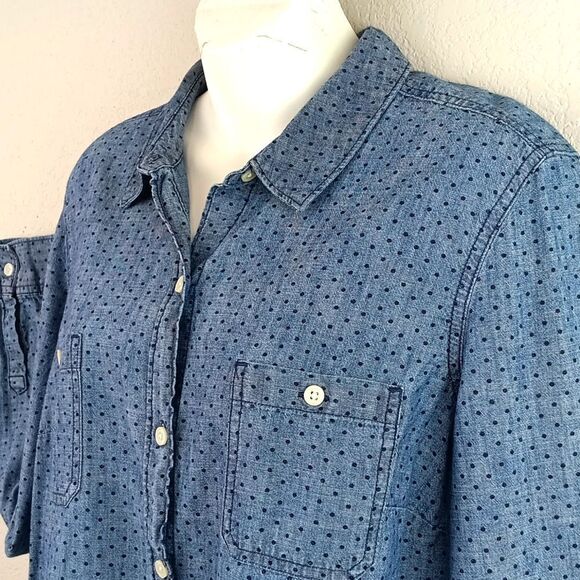 Old Navy Blue Polka Dot longsleeve button-down Blouse western, beach sz L - Picture 2 of 12